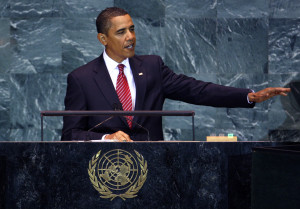 U.S. President Barack Obama addresses the 64th United Nations General Assembly, at the U.N. headquarters in New York, September 23, 2009. Obama on Wednesday promised a new era of U.S. engagement with the world, saying that only by acting together can mankind overcome pressing global challenges.     REUTERS/Mike Segar (UNITED STATES POLITICS)