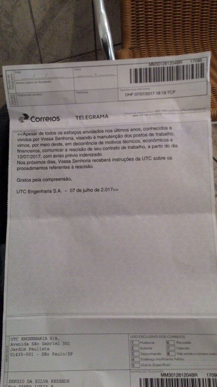 Telegrama de desligamento enviado pela UTC para uma dos funcionários