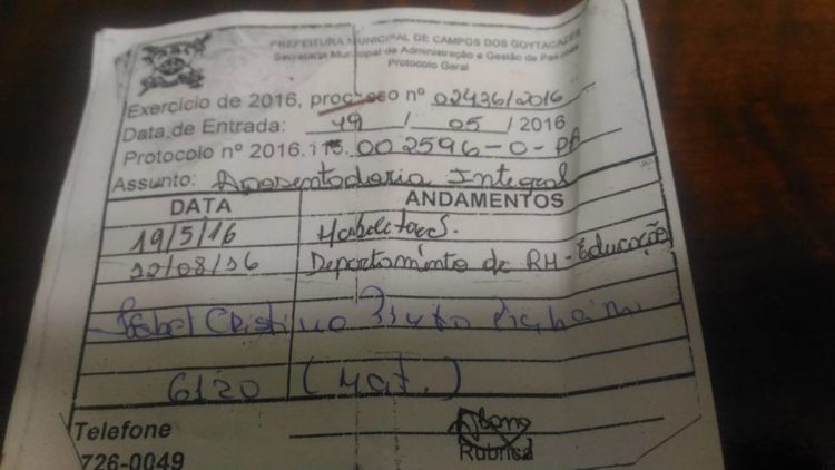 documento protocolado na prefeitura de Campos-RJ