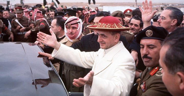 Crowds surround Pope Paul VI during his visit to Jordan. | Location: Jordan. (Photo by Vittoriano Rastelli/CORBIS/Corbis via Getty Images)