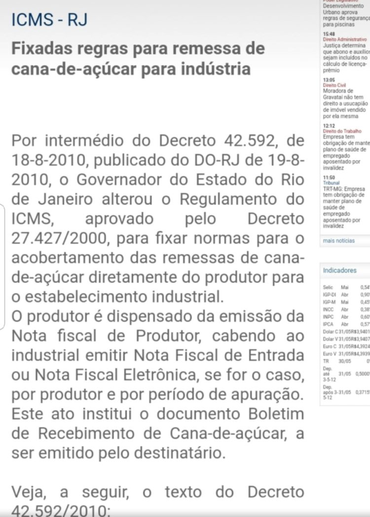 Decreto sobre o transporte de cana para usinas