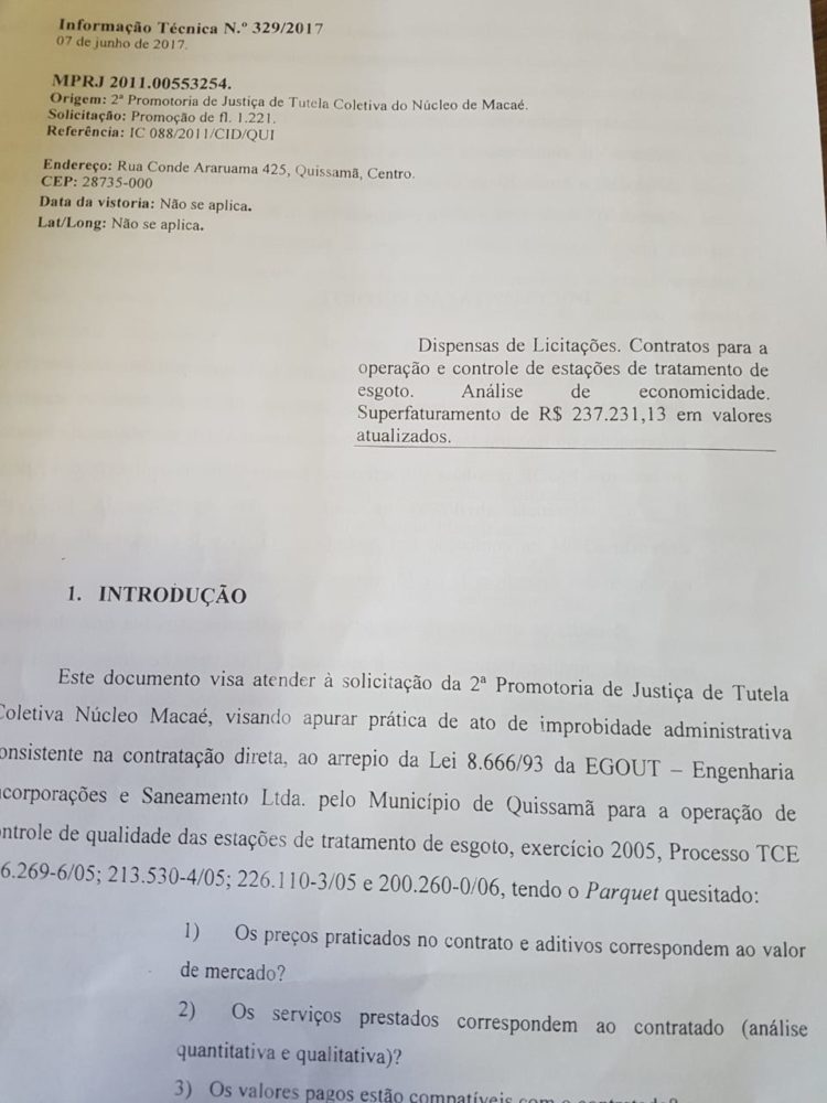Documento do MP Tutela Coletiva, Núcleo Macaé, endereçado a Prefeitura de Quissamã