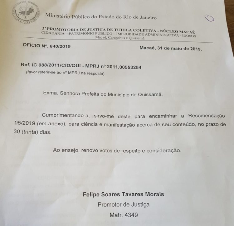 Documento do MP Tutela Coletiva, Núcleo Macaé-RJ, endereçado a Prefeitura de Quissamã