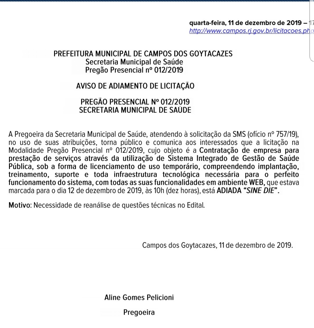 Licitação para contratar empresa de TI em Campos-RJ