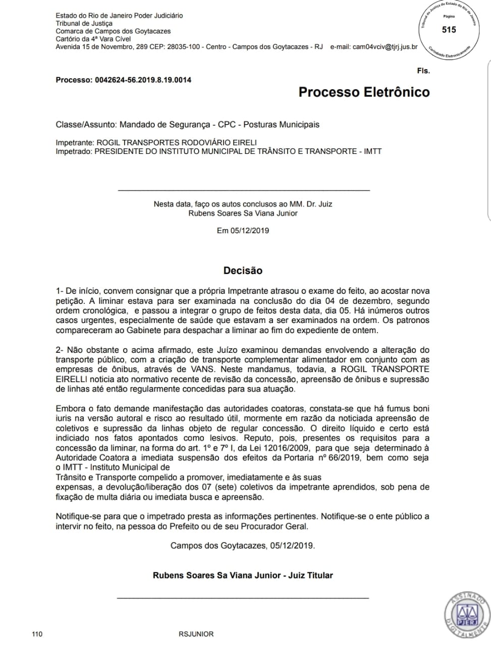 Decisão sobre linhas em Campos-RJ
