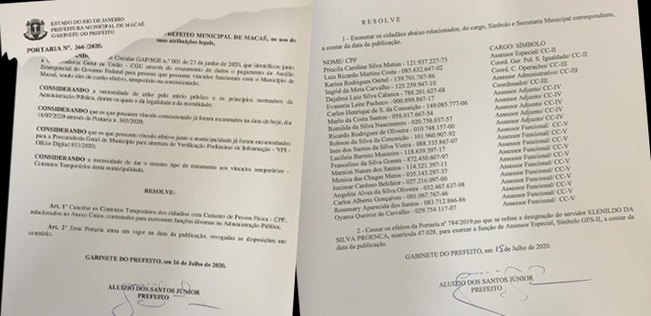 Portaria do Prefeito de Macaé demitindo servidores que estavam recebendo auxílio emergencial de forma indevida