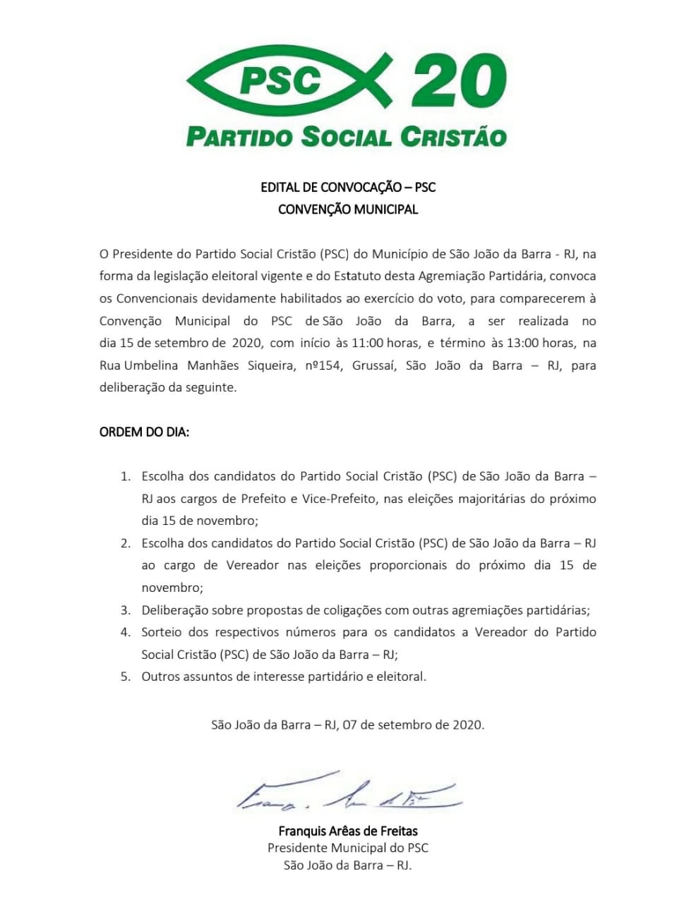Edital da Convenção do PSC de São João da Barra-RJ