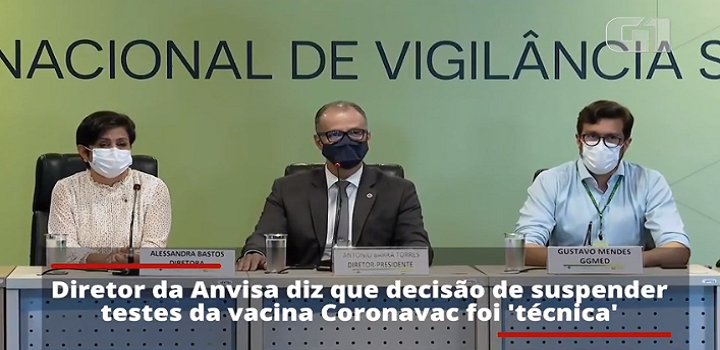 Anvisa suspendeu testes da CoronaVac no Brasil nesta segunda após 'evento adverso grave'.
