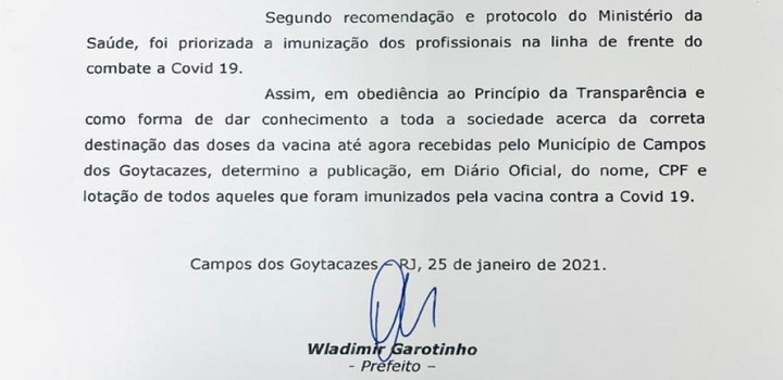Wladimir quer divulgação de nomes dos vacinados contra a Covid-19