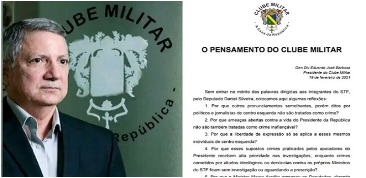 Em nota divulgada na sexta-feira 19, o presidente da associação, general Eduardo José Barbosa, cobra tratamento semelhante a políticos de esquerda e a jornalistas.