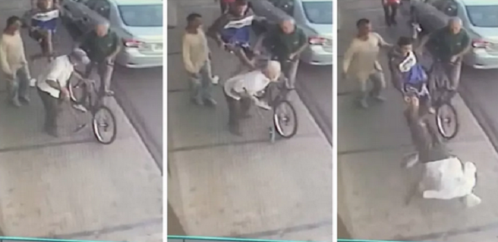 Sequência mostra momento em que jovem agrediu idoso com voadora em José Bonifácio — Foto: Reprodução/Câmera de segurança
