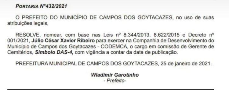 Nomeação de Julio Jubiraca, em Campos-RJ