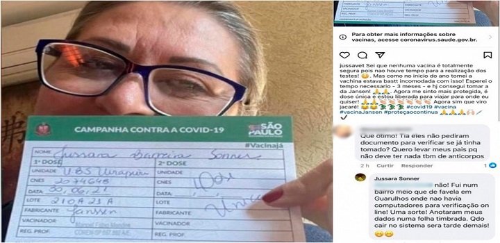 Nas redes sociais, a mulher declarou que tomou a 3ª dose para se sentir 'mais protegida e viajar para onde quiser'.