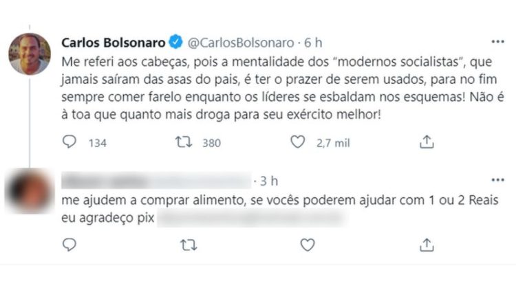 Uma das estratégias dos pedintes automatizados é postar em resposta a perfis verificados de amplo alcance, como o do vereador Carlos Bolsonaro (Republicanos) (Foto: Reprodução Twitter)