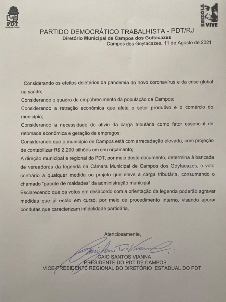 PDT publica diretriz contra aumento de impostos em Campos