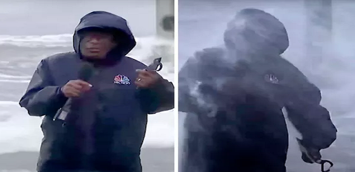 O repórter de 67 anos Al Roker é atingido por ondas causadas pelo furacão Ida (Foto: reprodução youtube)