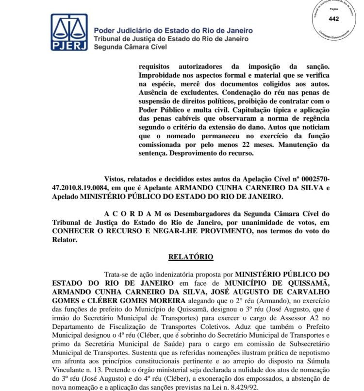Armando Carneiro, Quissamã-RJ: Ex-prefeito condenado por nepotismo