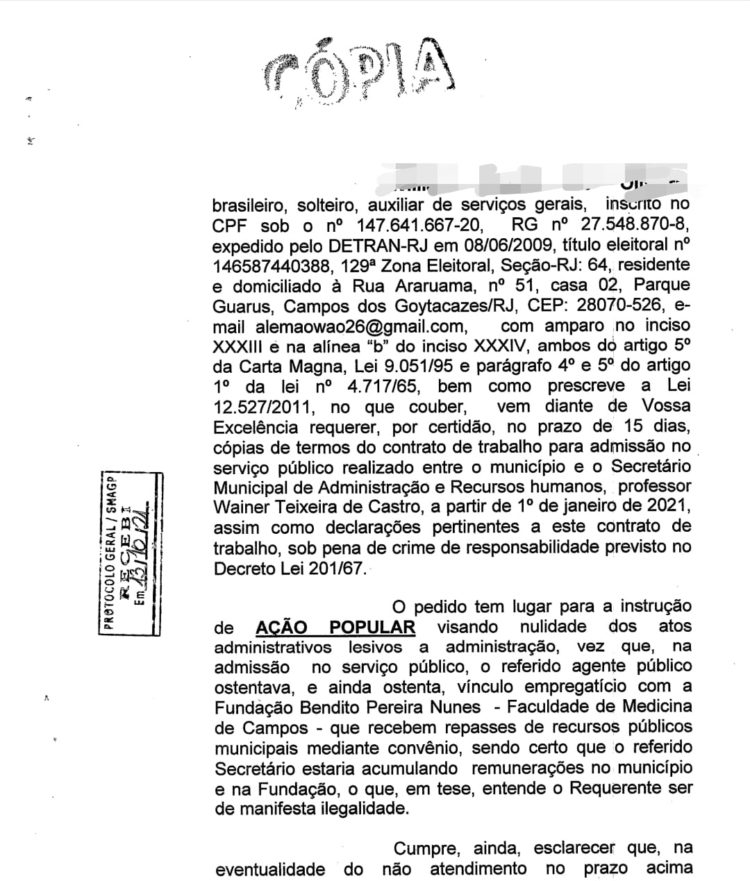 Campos-RJ: Escândalo do secretário que tem duplo vinculo empregatício com Prefeitura e Fundação