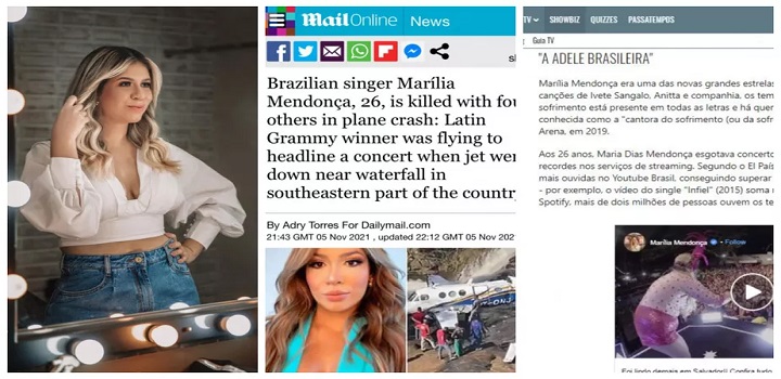 A morte da cantora Marília Mendonça repercutiu no mundo inteiro. Ícone da música sertaneja, a compositora de 26 anos morreu após acidente de avião no interior de Minas Gerais na tarde desta sexta-feira, 5/11. Com a retomada dos shows por conta do avanço da vacinação contra a Covid-19, a cantora estava com agenda extensa de apresentações no Brasil e no exterior.