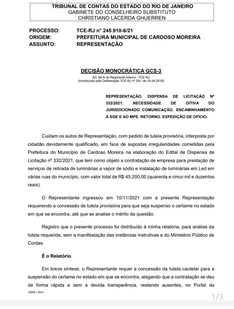 TCE-RJ suspende contrato de iluminação da Prefeitura de Cardoso Moreira-RJ