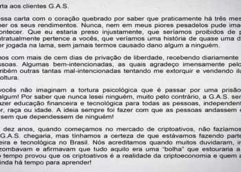 Faraó dos Bitcoins' diz viver 'pior pesadelo' em carta aberta a clientes ao passar mais de cem dias preso