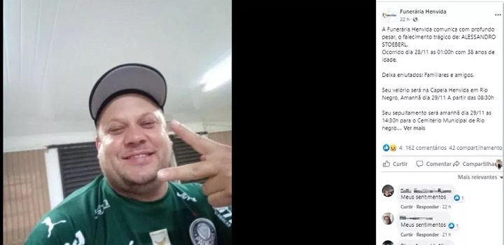 A Polícia Civil concluiu o inquérito sobre o assassinato de um torcedor palmeirense em Mafra, no Norte catarinense, após a final da Copa Libertadores de futebol. Alessandro Stoeber, 38 anos, foi morto a facadas por uma amigo flamenguista,