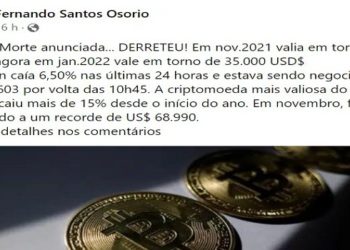 Um professor da Unicamp voltou a atacar o Bitcoin, dizendo que a moeda está com a morte anunciada, após a nova queda de preço.