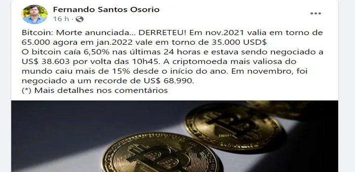 Um professor da Unicamp voltou a atacar o Bitcoin, dizendo que a moeda está com a morte anunciada, após a nova queda de preço.