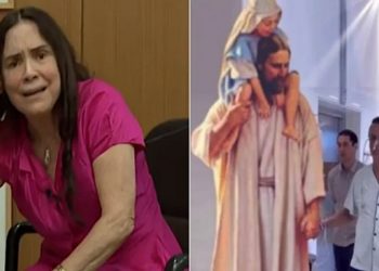 egina Duarte usou as redes sociais para publicar uma fotomontagem em que o presidente Jair Bolsonaro (PL) aparece segurando as mãos de uma figura religiosa