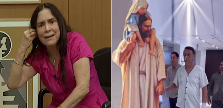 egina Duarte usou as redes sociais para publicar uma fotomontagem em que o presidente Jair Bolsonaro (PL) aparece segurando as mãos de uma figura religiosa