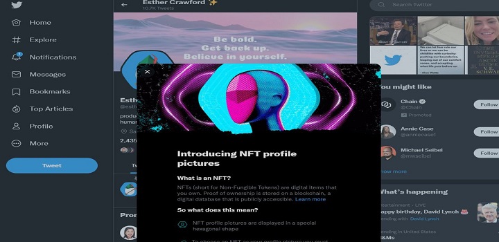 O Twitter anunciou na quinta-feira (20) o lançamento de uma ferramenta onde os usuários podem exibir tokens não fungíveis (NFTs) como suas fotos de perfil.