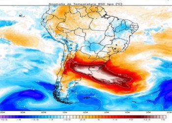 São esperadas marcas extremas de temperatura em grande parte da Argentina, no Uruguai, e no Sul do Brasil e Paraguai.