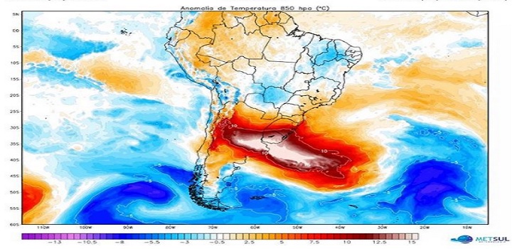 São esperadas marcas extremas de temperatura em grande parte da Argentina, no Uruguai, e no Sul do Brasil e Paraguai.