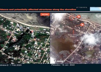 Autoridades ainda desconhecem a extensão dos danos causados por um tsunami que atingiu Tonga após a erupção do vulcão Hunga-Tonga-Hunga-Ha'apai no último sábado, mas algumas imagens registradas pelo Centro de Satélites das Nações Unidas (UNOSAT) divulgadas nesta segunda-feira deixam claro que há um rastro de destruição no país.