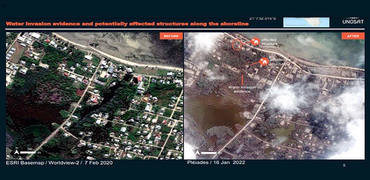 Autoridades ainda desconhecem a extensão dos danos causados por um tsunami que atingiu Tonga após a erupção do vulcão Hunga-Tonga-Hunga-Ha'apai no último sábado, mas algumas imagens registradas pelo Centro de Satélites das Nações Unidas (UNOSAT) divulgadas nesta segunda-feira deixam claro que há um rastro de destruição no país.
