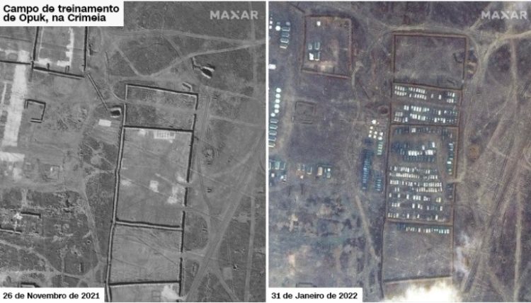 Uma imagem de satélite mais recente da Maxar mostra tropas e equipamentos no aeródromo de Oktyabrskoye, Crimeia, Ucrânia, em 10 de fevereiro de 2022. / Maxar Technologies