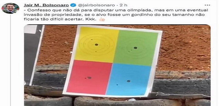 Bolsonaro diz a influenciador que 'não seria difícil' acertar tiro em 'gordinho' A fala foi uma resposta ao influenciador Cauê Moura,