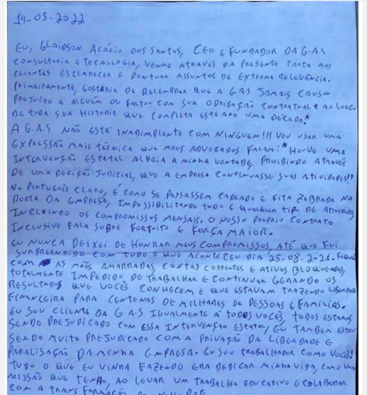 Carta de Glaidson Acácio dos Santos aos investidores da G.A.S consultoria