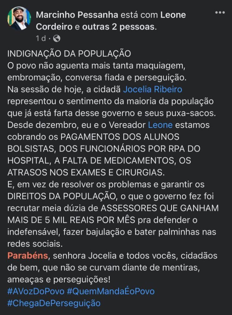Presidente da Câmara elogia mulher que tentou agredir vereador em Quissamã-RJ
