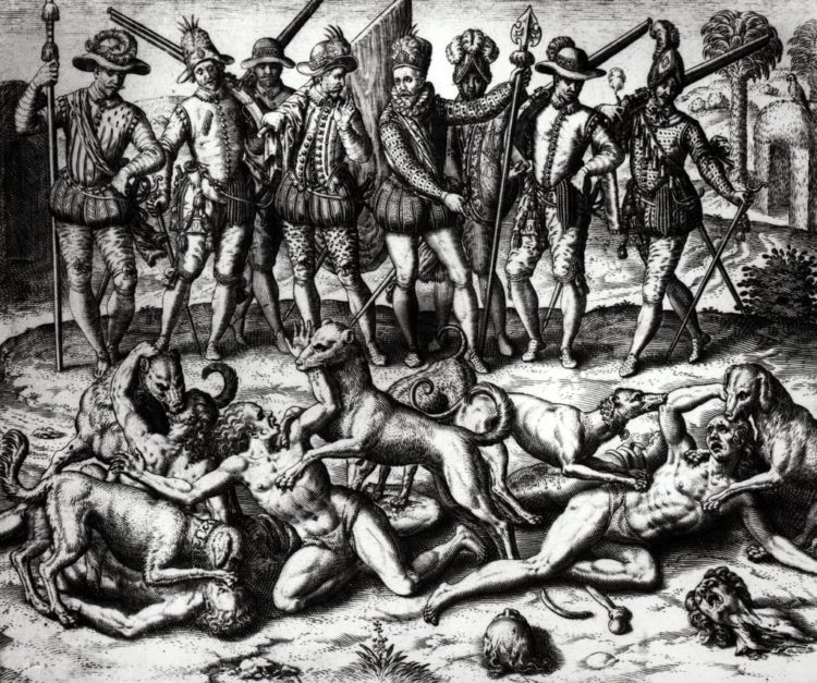 Os cães de Vasco Nuñez de Balboa (1475-1571) atacando os índios