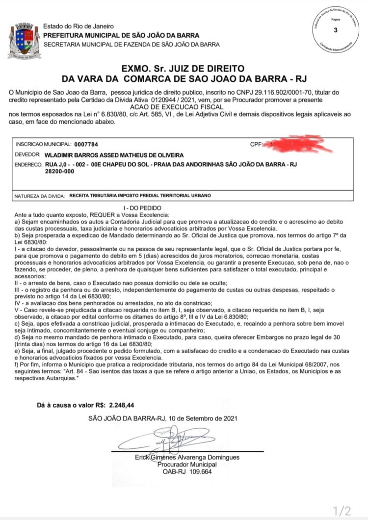 IPTU de Wladimir Garotinho: Prefeito de Campos deve imposto em São João da Barra