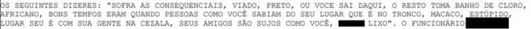 Trecho do boletim de ocorrência registrado sobre ofensas racistas deixadas em prédio de BH. — Foto: Reprodução