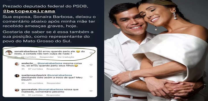 Deputado federal por Mato Grosso do Sul, Beto Pereira classificou como "infeliz e desnecessário" o comentário que a esposa, Sonaira Barbosa deixou em um post do youtuber Felipe Neto, em sua conta no Twitter, sobre ameaças de morte à mãe dele.