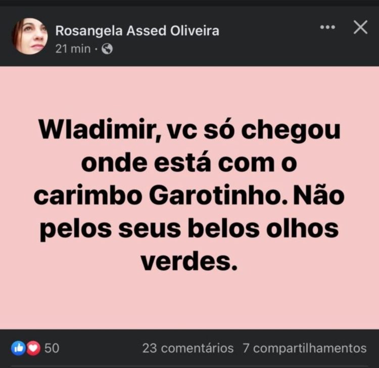 Rosinha Garotinho dispara contra o filho Wladimir no Facebook