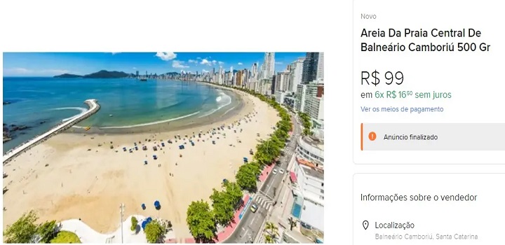 Mercado Livre vende areia de Balneário Camboriú