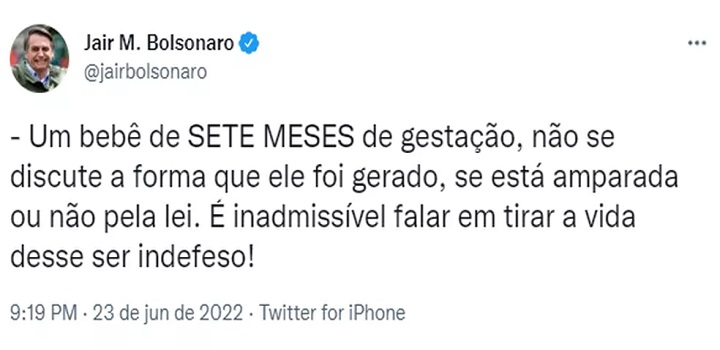 Bolsonaro critica aborto de menina de 11 anos