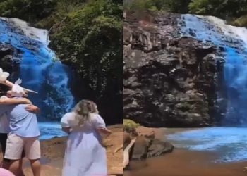 Casal chá revelação joga corante em cachoeira