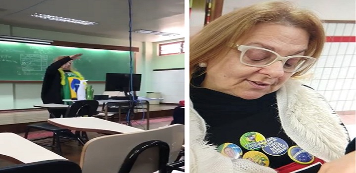 Uma professora foi flagrada quando fazia um gesto nazista numa sala de aula do Colégio Sagrada Família, em Ponta Grossa, no Paraná.