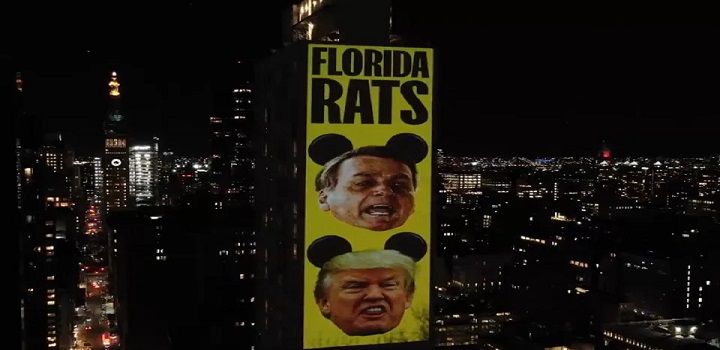 Projeção chama Bolsonaro e o ex-presidente dos EUA Donald Trump de "ratos da Flórida (Foto: Reprodução/ Redes sociais)