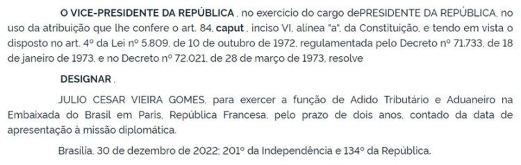 Publicação do Diário Oficial da União, de 30 de dezembro de 2022 — Foto: Reprodução